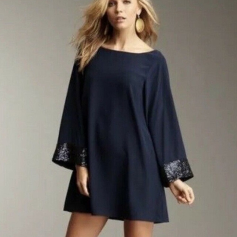 Elizabeth and James Navy Silk Sequin Sleeve Deco Elisa Dress